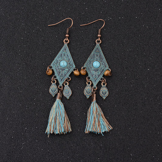 Retro Personality Nepal Ethnic Style Distressed Hippie Pattern Geometric Blue Wooden Bead Pendant Green Tassel Earrings