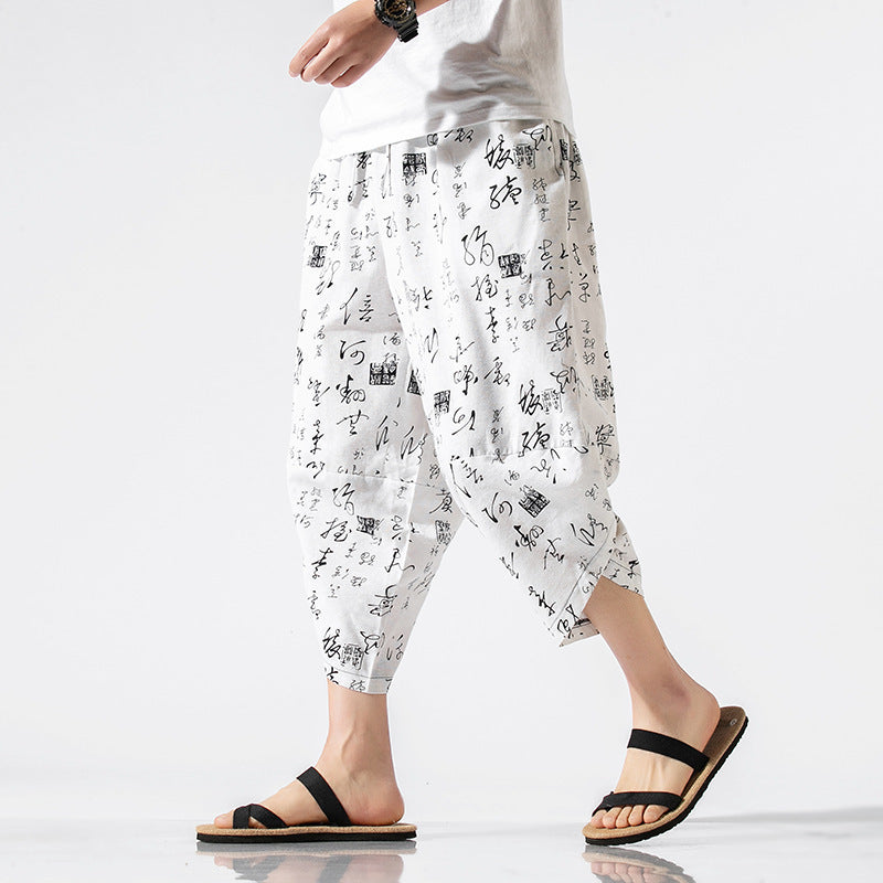 summer new men's casual pants Japanese national style ancient style printed Nepal Wide Leg Pants Capris