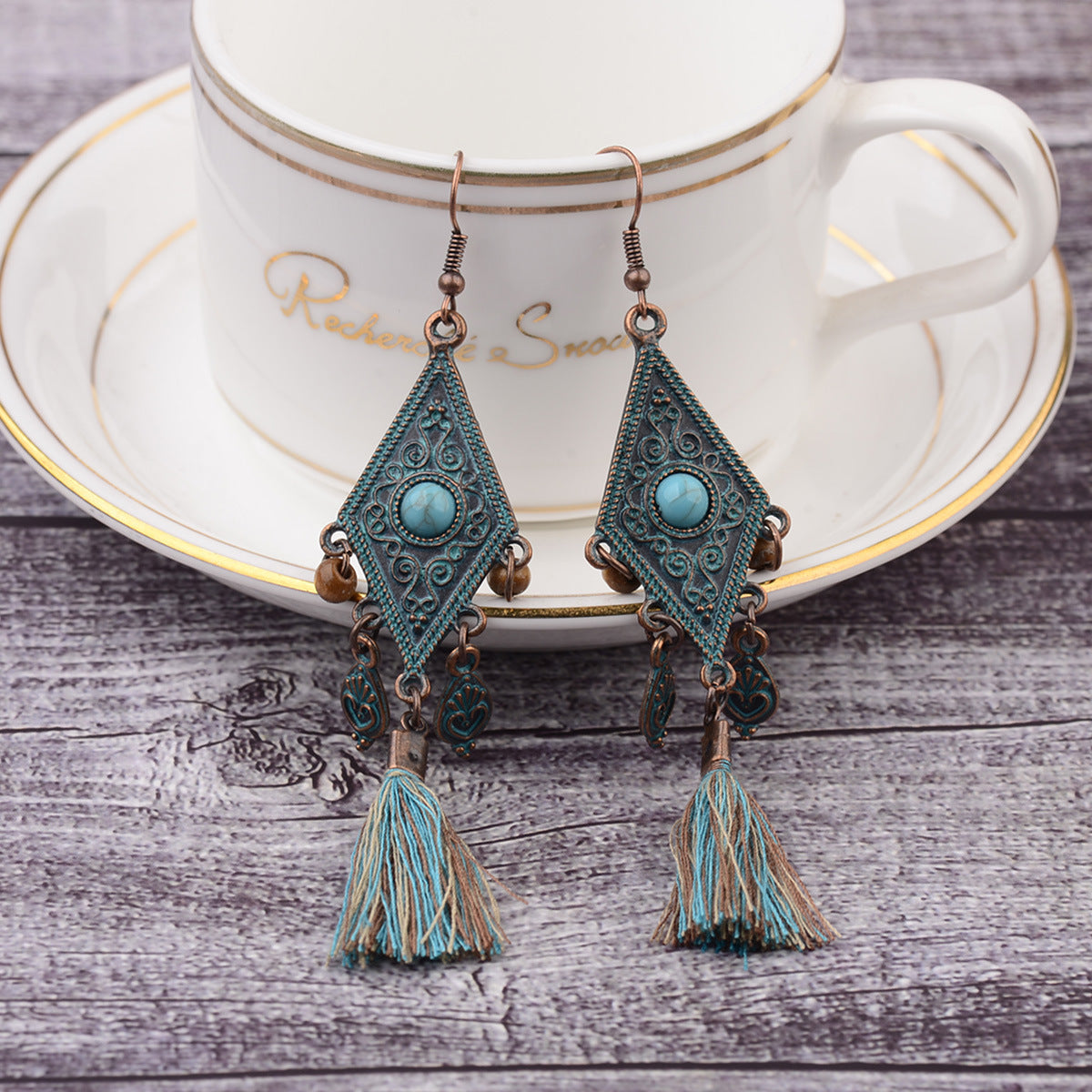 Retro Personality Nepal Ethnic Style Distressed Hippie Pattern Geometric Blue Wooden Bead Pendant Green Tassel Earrings