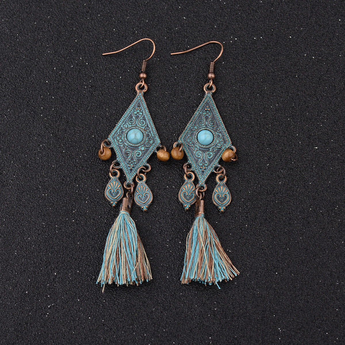 Retro Personality Nepal Ethnic Style Distressed Hippie Pattern Geometric Blue Wooden Bead Pendant Green Tassel Earrings