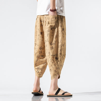 summer new men's casual pants Japanese national style ancient style printed Nepal Wide Leg Pants Capris