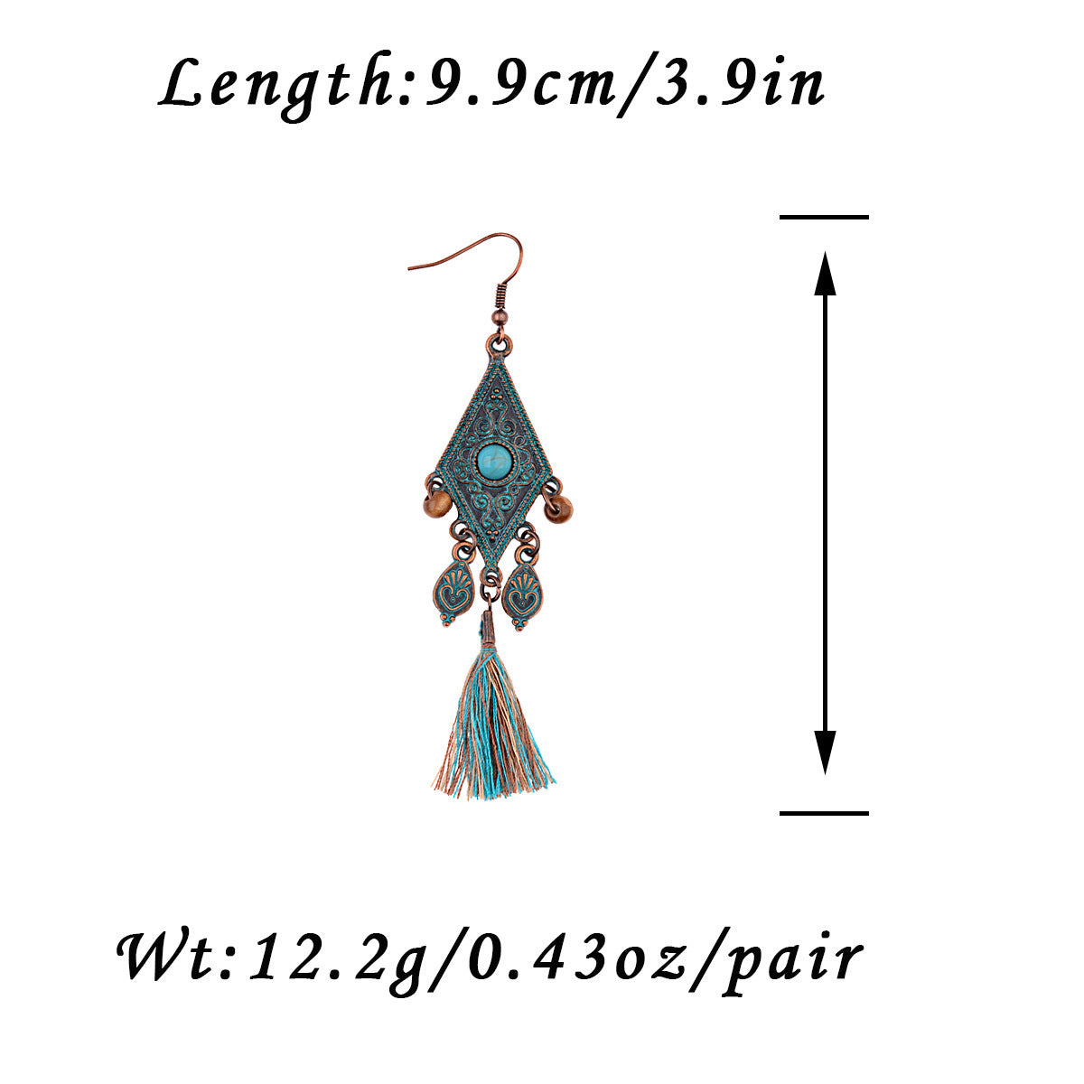 Retro Personality Nepal Ethnic Style Distressed Hippie Pattern Geometric Blue Wooden Bead Pendant Green Tassel Earrings