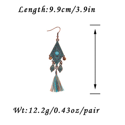 Retro Personality Nepal Ethnic Style Distressed Hippie Pattern Geometric Blue Wooden Bead Pendant Green Tassel Earrings
