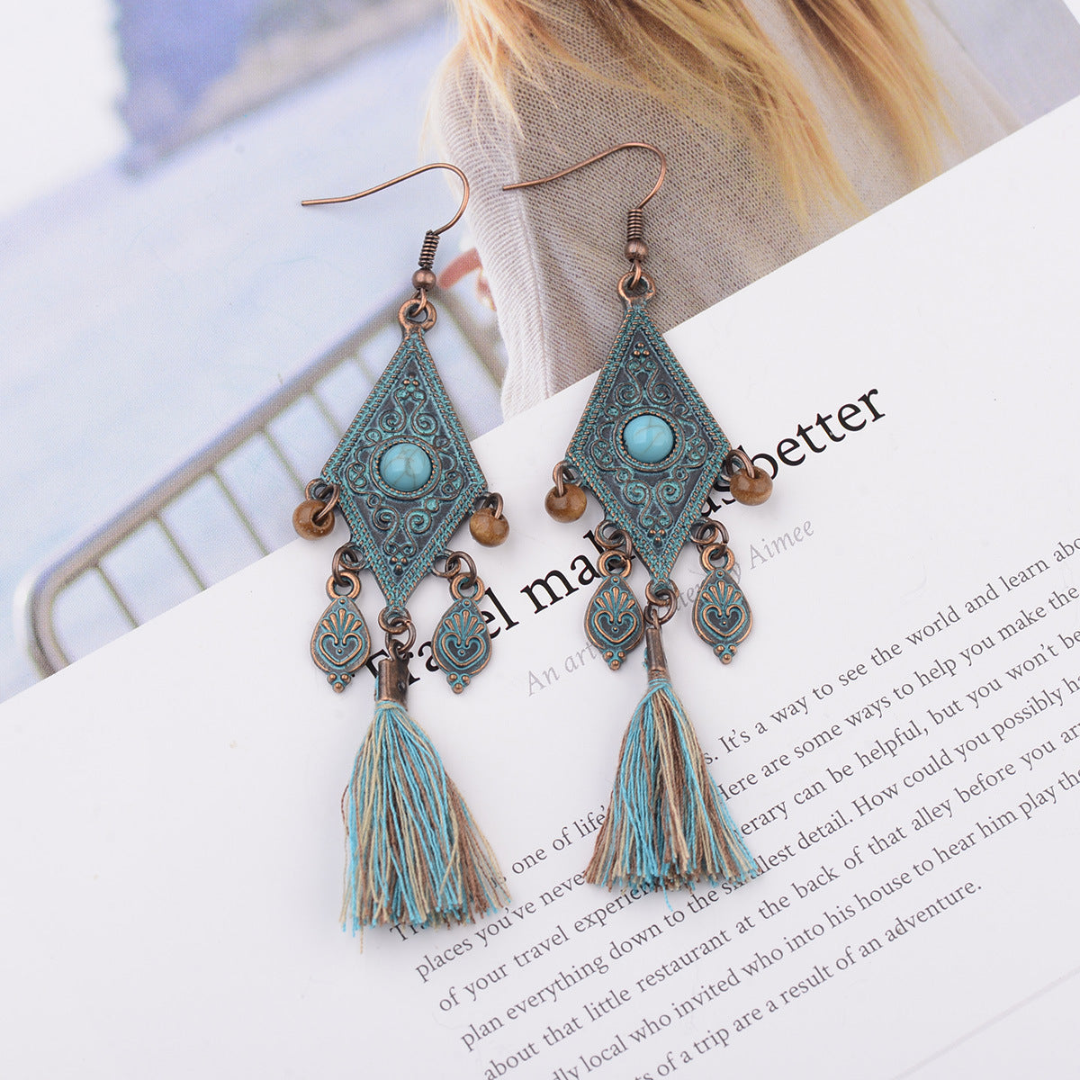 Retro Personality Nepal Ethnic Style Distressed Hippie Pattern Geometric Blue Wooden Bead Pendant Green Tassel Earrings