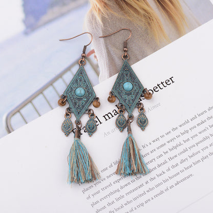 Retro Personality Nepal Ethnic Style Distressed Hippie Pattern Geometric Blue Wooden Bead Pendant Green Tassel Earrings