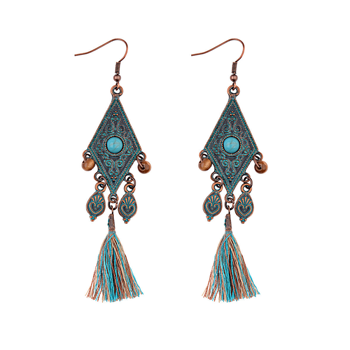 Retro Personality Nepal Ethnic Style Distressed Hippie Pattern Geometric Blue Wooden Bead Pendant Green Tassel Earrings