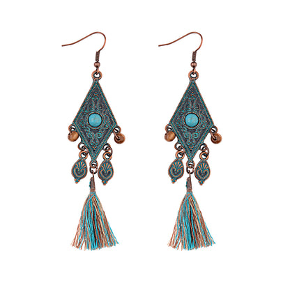 Retro Personality Nepal Ethnic Style Distressed Hippie Pattern Geometric Blue Wooden Bead Pendant Green Tassel Earrings
